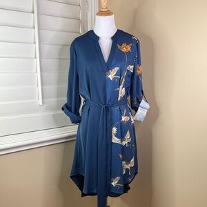 Navy Blue Crane Print Belted Shirt Dress